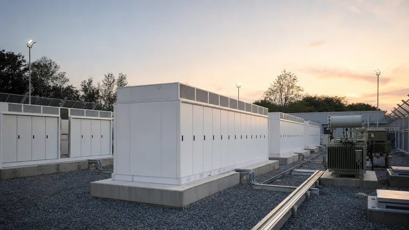 Industrial stationary battery energy storage container installation showing power conversion equipment