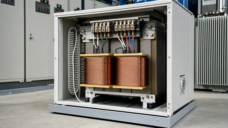 Industrial step down transformer 220V to 110V with exposed copper windings and laminated magnetic core.