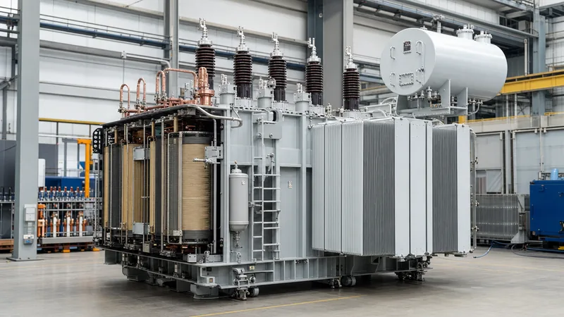 Industrial step up step down transformer undergoing factory acceptance testing in manufacturing facility