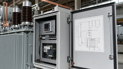 Engineering step up transformer diagram mounted on a substation cabinet with high-voltage bushings in the background
