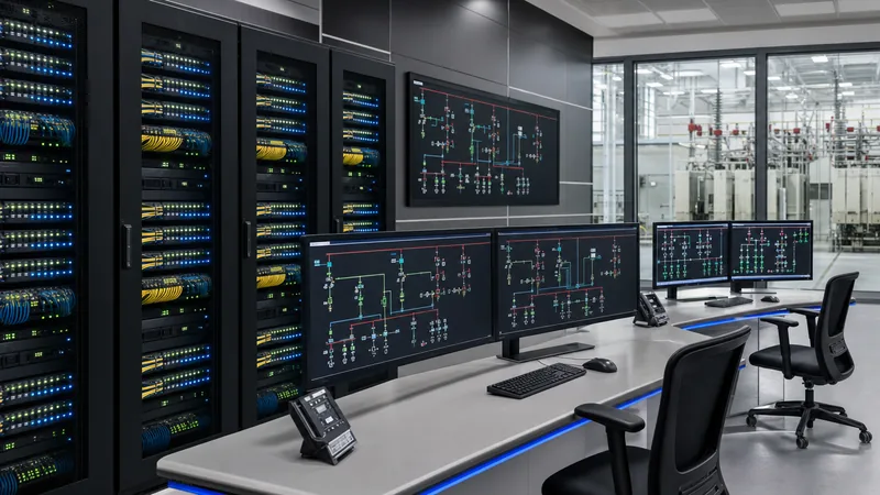 Substation automation system server racks and network switches in a control room