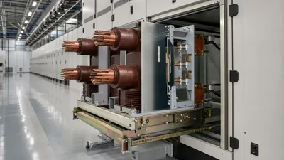 Withdrawable medium-voltage switchgear breaker undergoing racking inside an industrial switchgear room