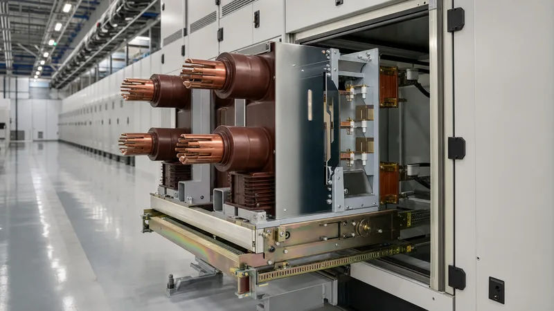 Withdrawable medium-voltage switchgear breaker undergoing racking inside an industrial switchgear room