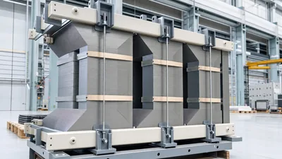 Three-phase power transformer core assembly constructed from stacked grain-oriented silicon steel laminations