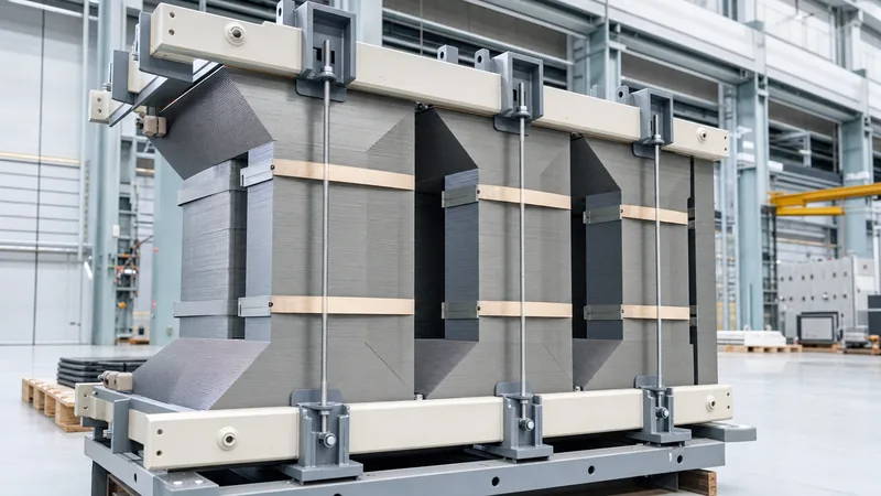 Three-phase power transformer core assembly constructed from stacked grain-oriented silicon steel laminations