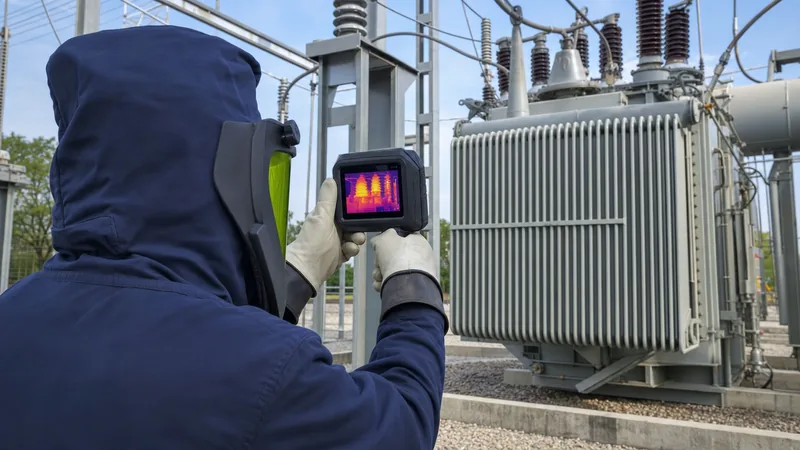 Electrical engineer conducting transformer infrared scanning on an oil-immersed substation transformer