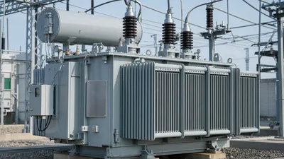 Three-phase distribution transformer kVA nameplate and radiator assembly in an electrical substation