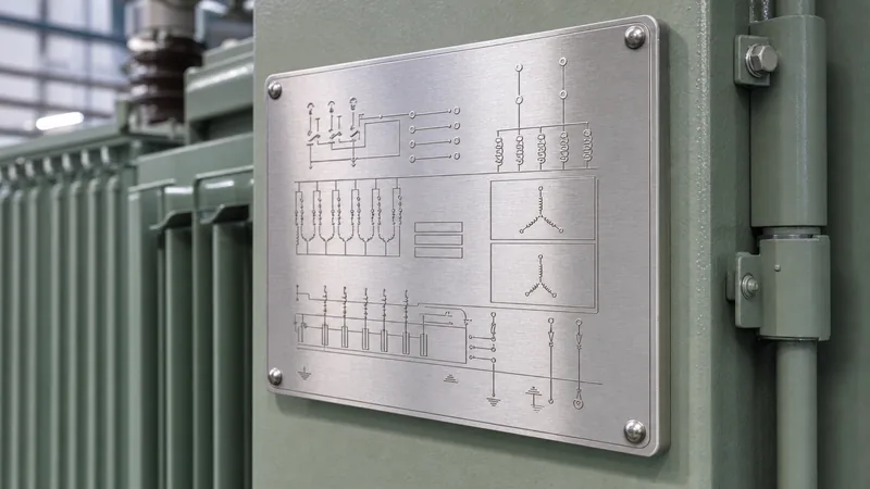 Detailed metal transformer nameplate showing technical electrical specifications, vector group, and voltage ratings.
