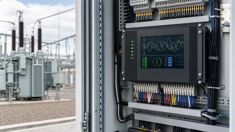Microprocessor transformer relay mounted in a substation protection panel showing system diagnostics