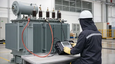 Transformer turns ratio formula testing on an industrial three-phase power transformer in factory test bay