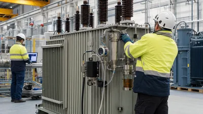 Engineers inspecting liquid and digital transformers media on an industrial power distribution unit