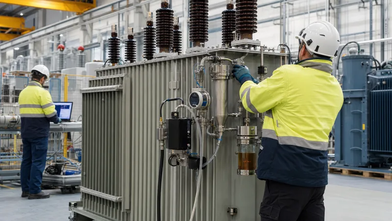 Engineers inspecting liquid and digital transformers media on an industrial power distribution unit