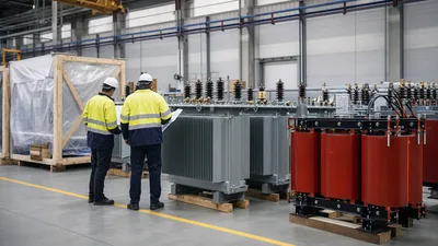 Commercial electrical transformers merchandise on an industrial manufacturing and testing floor