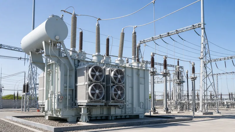 Large power transmission transformer installed in a high-voltage electrical utility substation