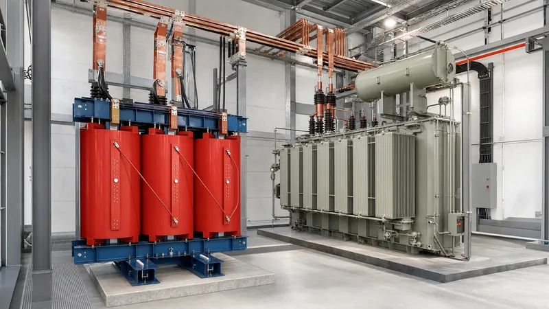 Various type of transformer designs including cast resin dry type and oil immersed units in an industrial substation