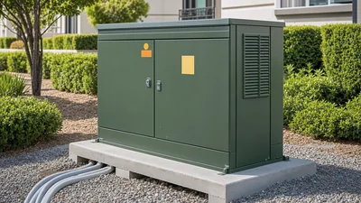 Three-phase pad-mounted utility transformer installed on concrete pad in residential distribution grid
