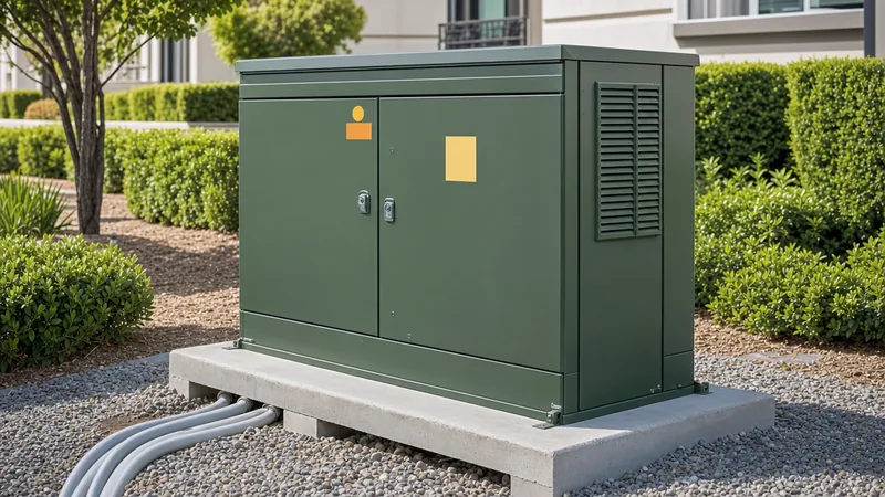 Three-phase pad-mounted utility transformer installed on concrete pad in residential distribution grid