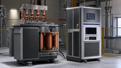 Industrial voltage converters and transformers inside a power distribution substation