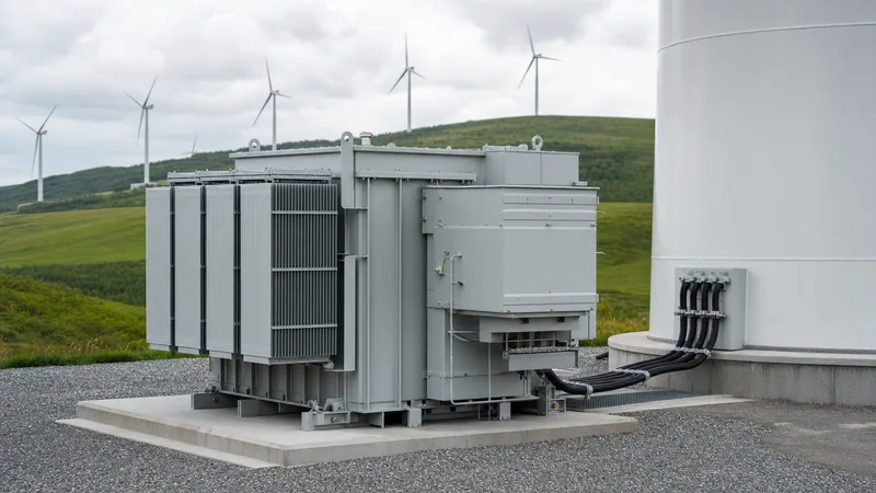 Wind turbine transformer step-up unit installed beside an onshore wind turbine tower foundation