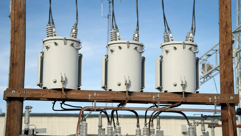 Three-phase wye delta transformer bank installed on a utility pole structure with secondary busbar connections