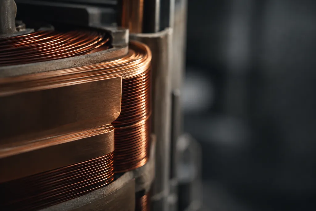 Macro view of copper foil windings on a distribution transformer coil