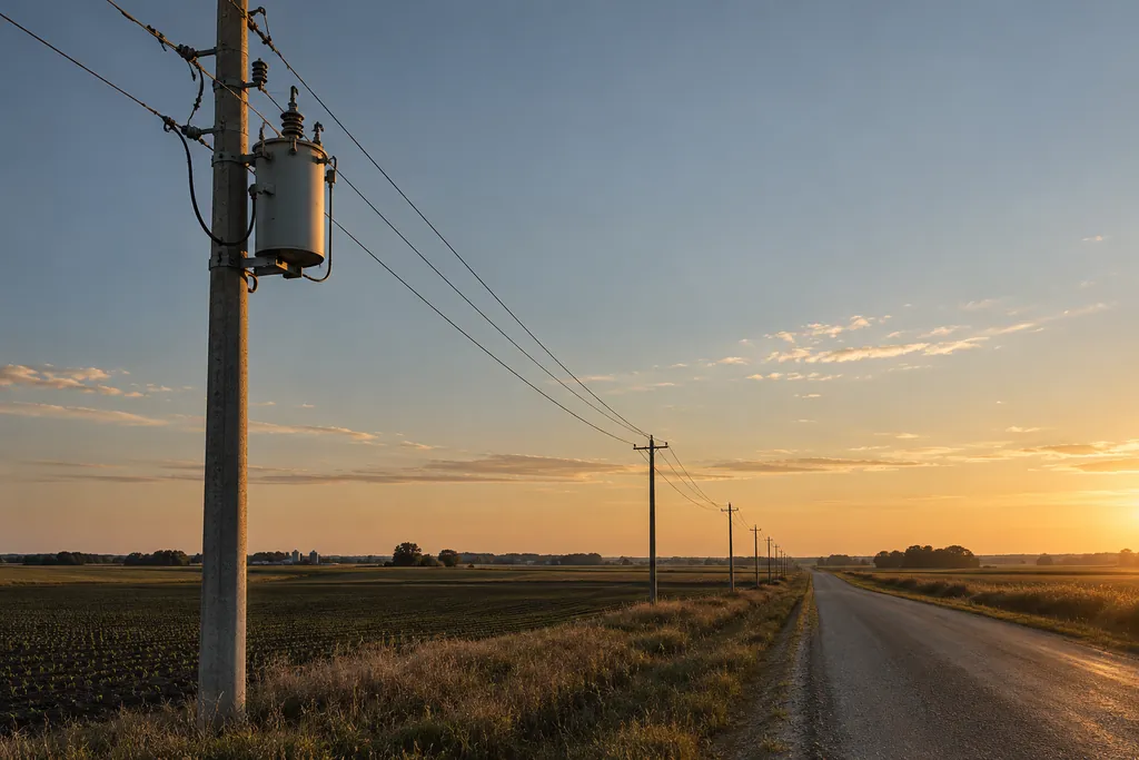 Pole-mounted distribution transformer on a rural overhead line