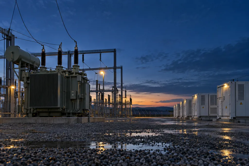Oil-immersed power transformer and a row of battery energy storage containers in a substation yard at dusk