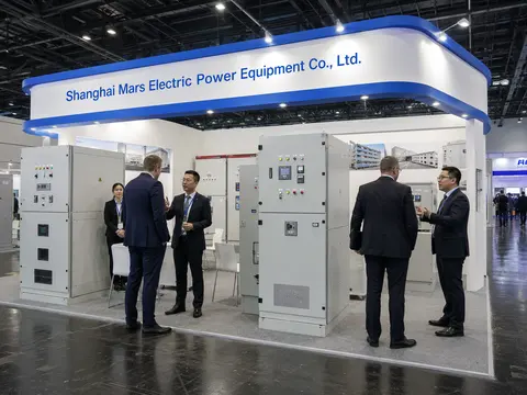 MARS booth displaying a cast-resin dry-type transformer and switchgear panel at an exhibition