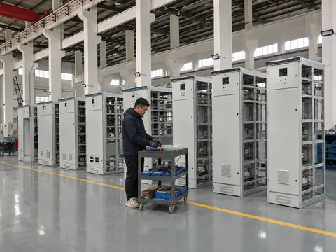 Rows of open switchgear cabinets in the MARS assembly hall with an engineer checking wiring