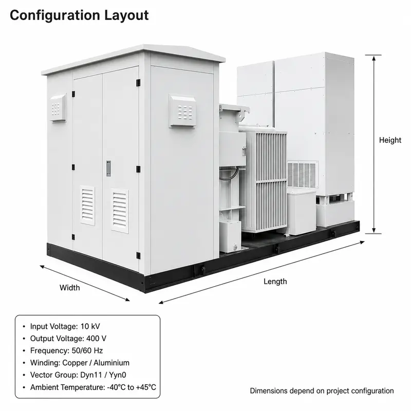 10/0.4 kV PV Inverter Boosting Box Substation (America Type) — dimensions and layout