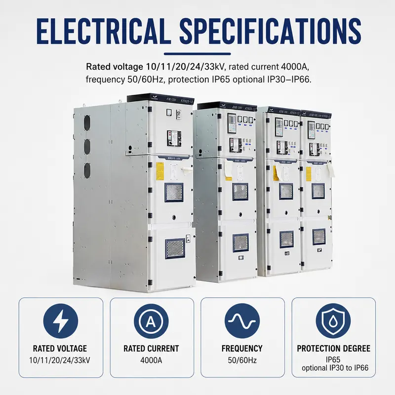 10–33kV Metal-Clad MV/HV Switchgear Cabinet (4000A, KYN28 Type, IP65) — specification and nameplate detail