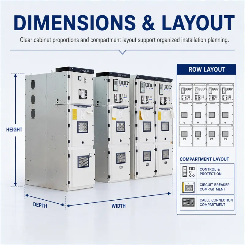10–33kV Metal-Clad MV/HV Switchgear Cabinet (4000A, KYN28 Type, IP65) — dimensions and layout