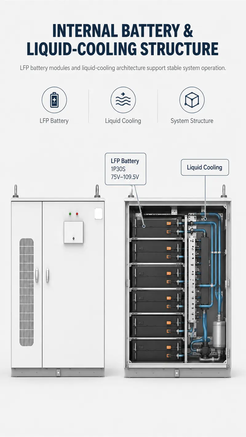 100–500kWh Liquid-Cooled Lithium Battery Energy Storage Cabinet — internal structure