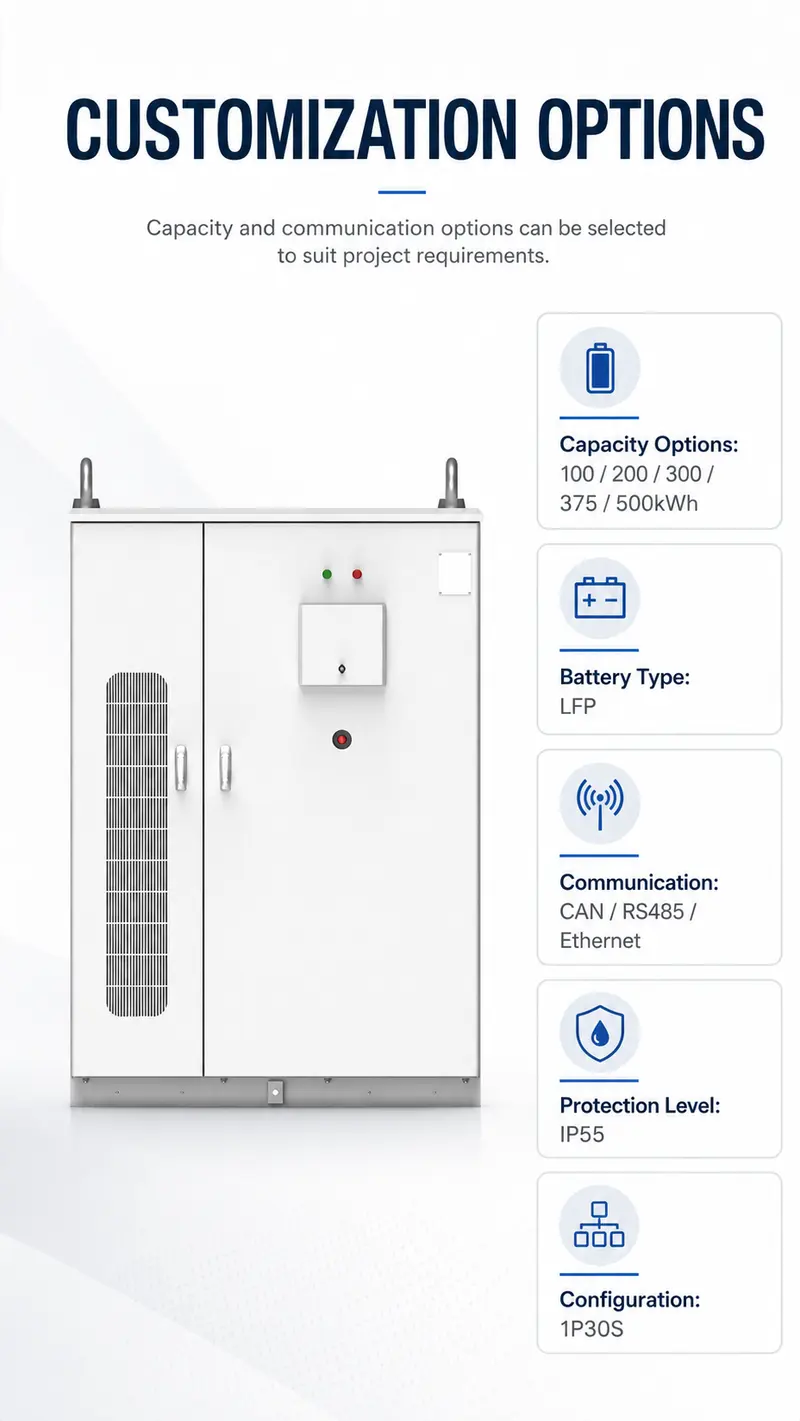100–500kWh Liquid-Cooled Lithium Battery Energy Storage Cabinet — customisation options