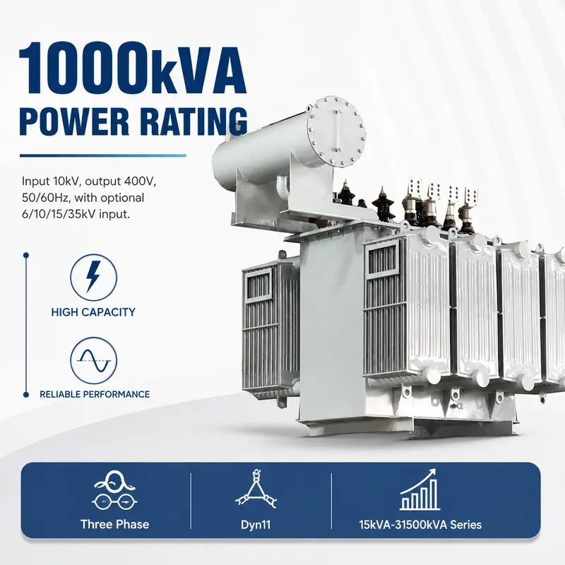 1000kVA 10kV/400V Three-Phase Oil-Immersed Step-Down Distribution Transformer — specification and nameplate detail