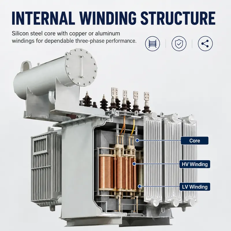 1000kVA 10kV/400V Three-Phase Oil-Immersed Step-Down Distribution Transformer — internal structure