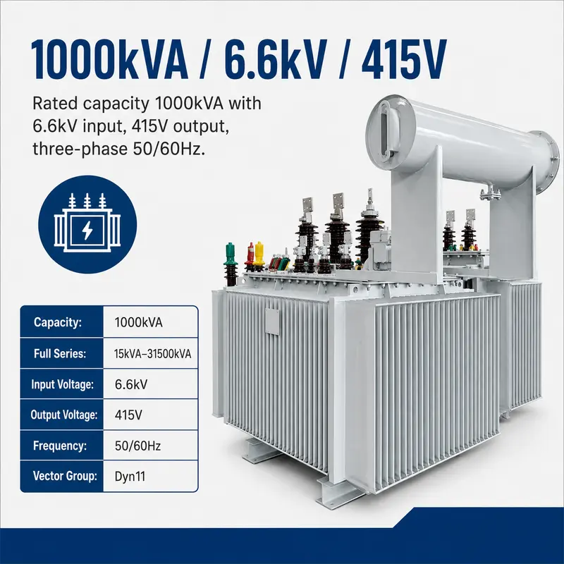 1000kVA 6.6kV/415V Low-Loss Three-Phase Oil-Immersed Distribution Transformer — specification and nameplate detail