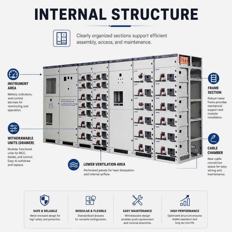 1000V Low Voltage Withdrawable Switchgear Panel (1600A, IP65, Galvanized Steel) — internal structure