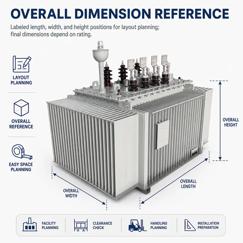 11/33kV to 400/415V Outdoor Three-Phase Oil-Immersed Power Transformer (15kVA–31500kVA) — dimensions and layout