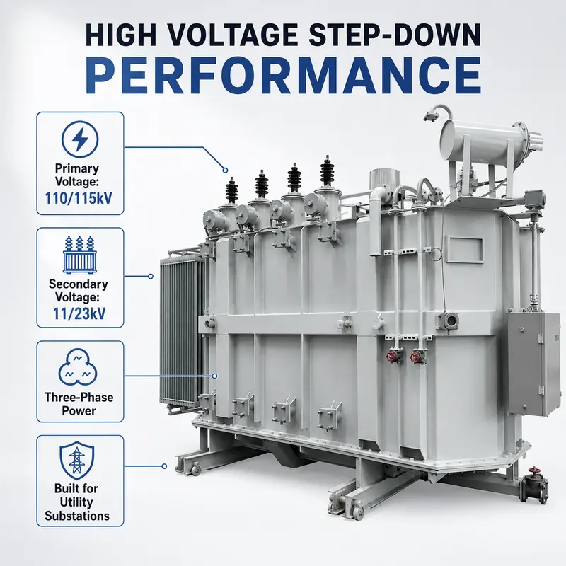 110–115 kV Three-Phase Oil-Immersed Power Transformer 20–50 MVA with OLTC — construction and materials detail