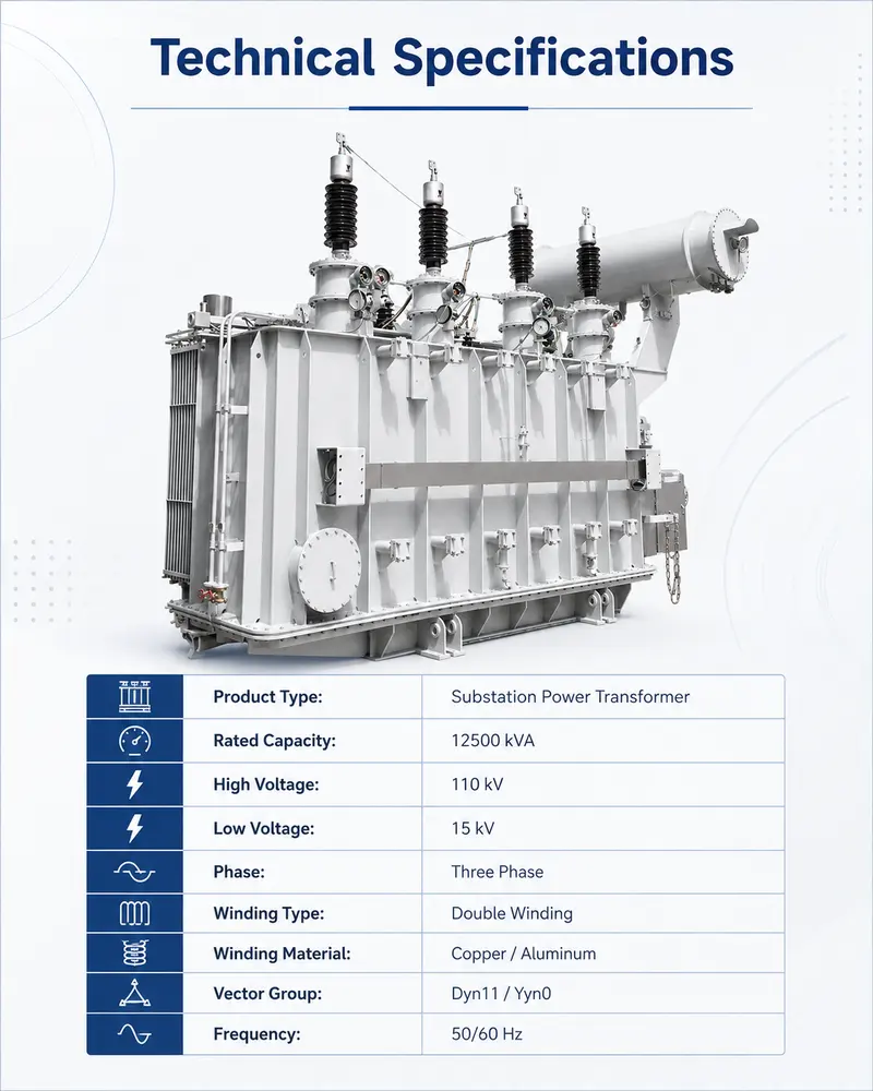 110 kV 12500 kVA Three-Phase Dual-Winding Oil-Immersed Power Transformer — dimensions and layout