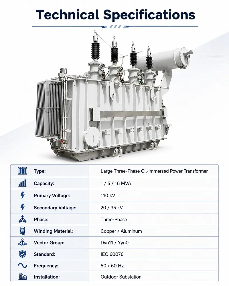 110 kV Three-Phase Oil-Immersed Power Transformer 1 / 5 / 16 MVA — internal structure