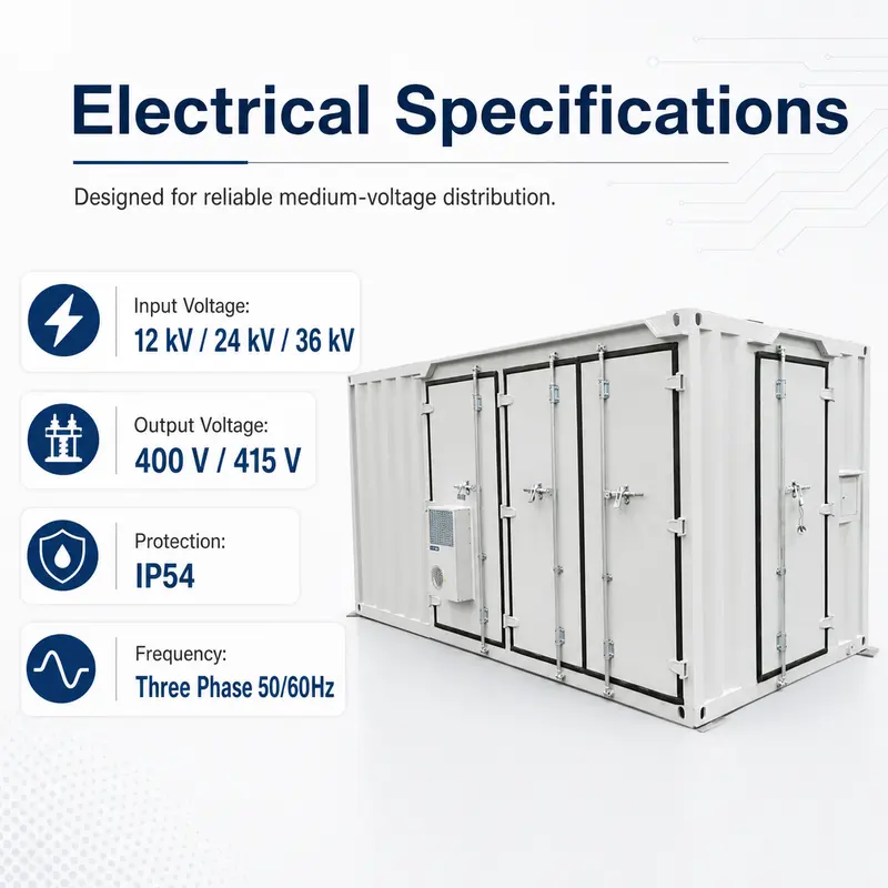12–36 kV Prefabricated Container Distribution Substation — specification and nameplate detail