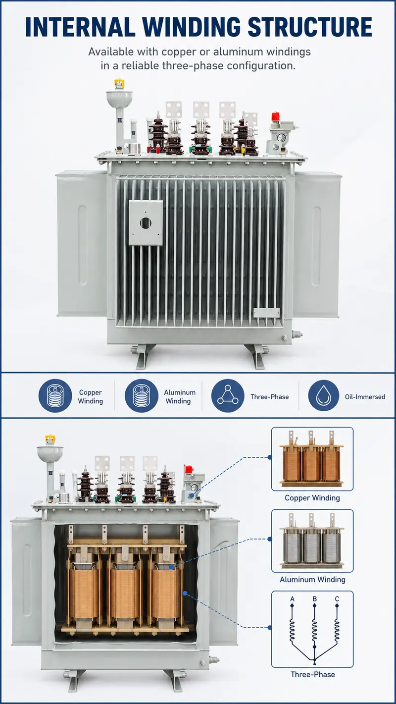 1250kVA & 1600kVA Three-Phase Oil-Immersed Step-Up / Step-Down Power Transformer (CE) — internal structure