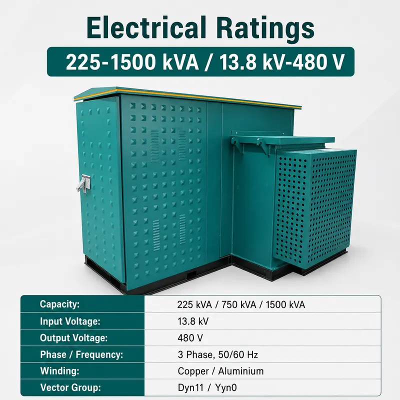 13.8 kV / 480 V American-style Oil-Immersed Pad-Mounted Transformer — specification and nameplate detail
