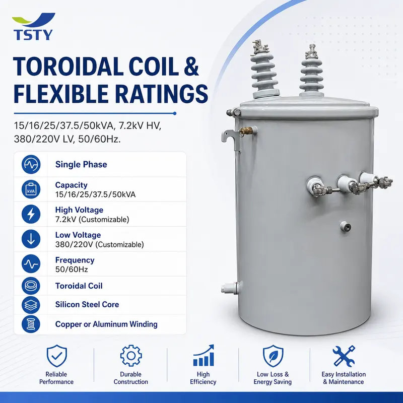15/16/25/37.5/50kVA Single-Phase Pole-Mounted Toroidal-Coil Distribution Transformer — specification and nameplate detail