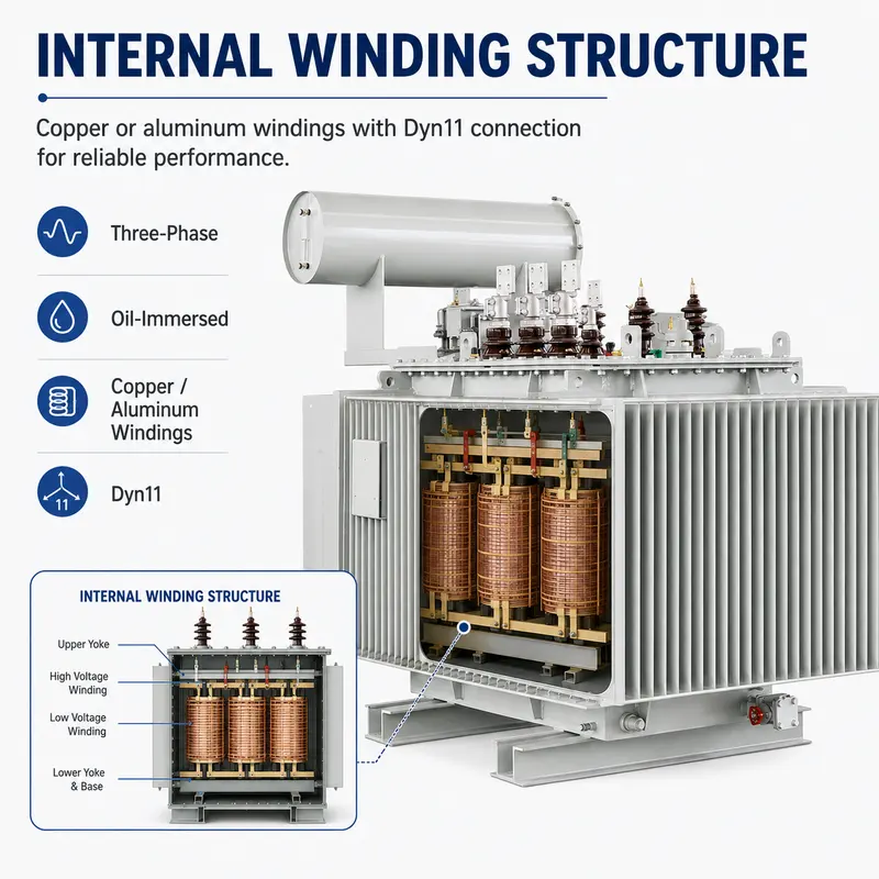 1500–2500kVA 6kV–35kV Variable Three-Phase Oil-Immersed Power Transformer — internal structure
