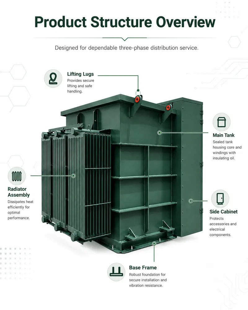 1500kVA Three-Phase Pad-Mounted Transformer (13.8kV to 400/230V, Loop Feed) — dimensions and layout