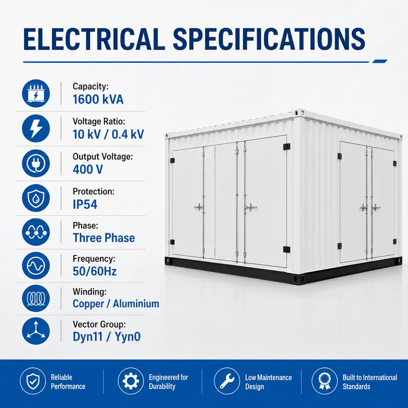 1600 kVA 10/0.4 kV Prefabricated Container Box Substation — specification and nameplate detail