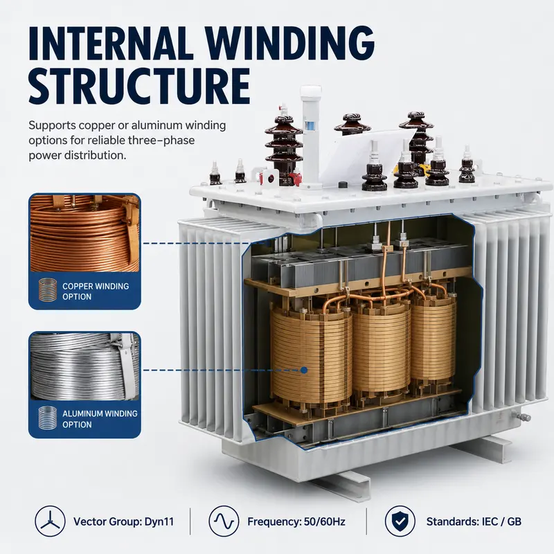 160kVA & 200kVA 11/22kV to 415V Three-Phase Oil-Immersed Distribution Transformer — internal structure